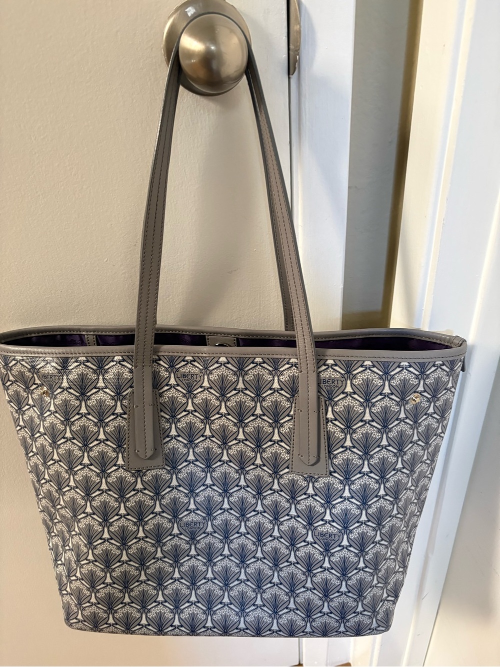 Liberty of London Iphis Gray Pattern Tote with Navy Pattern and Purple Interior - Picture 2 of 12